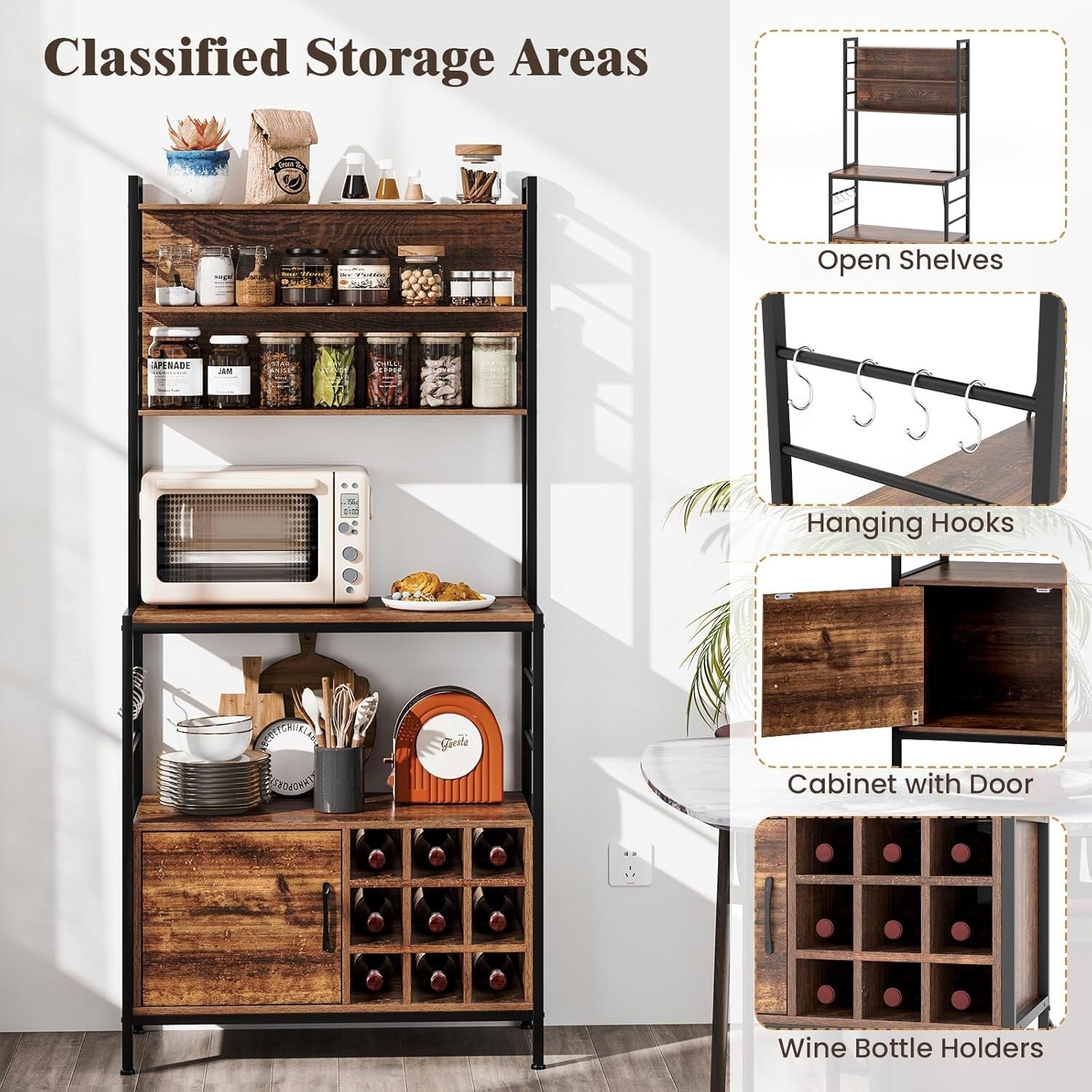 Kitchen Baker’s Rack Wine Bar Cabinet with Power Outlets, Rustic Brown Storage