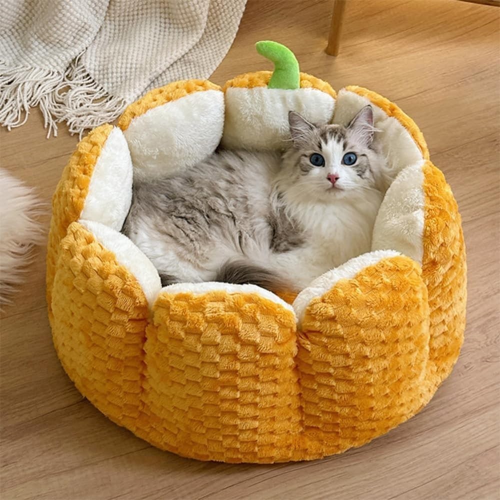 Pumpkin Cat Bed Plush Velvet Pet Cave Warm Washable Non Slip Bed