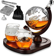 Globe Whiskey Decanter Set 850ml Glass Decanter 2 Glasses Rotating Stand