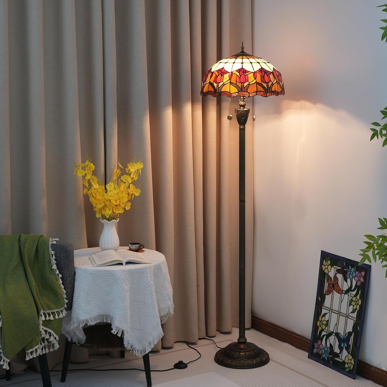 Red Tulip Stained Glass Floor Lamp with Vintage Bronze Base & Foot Switch