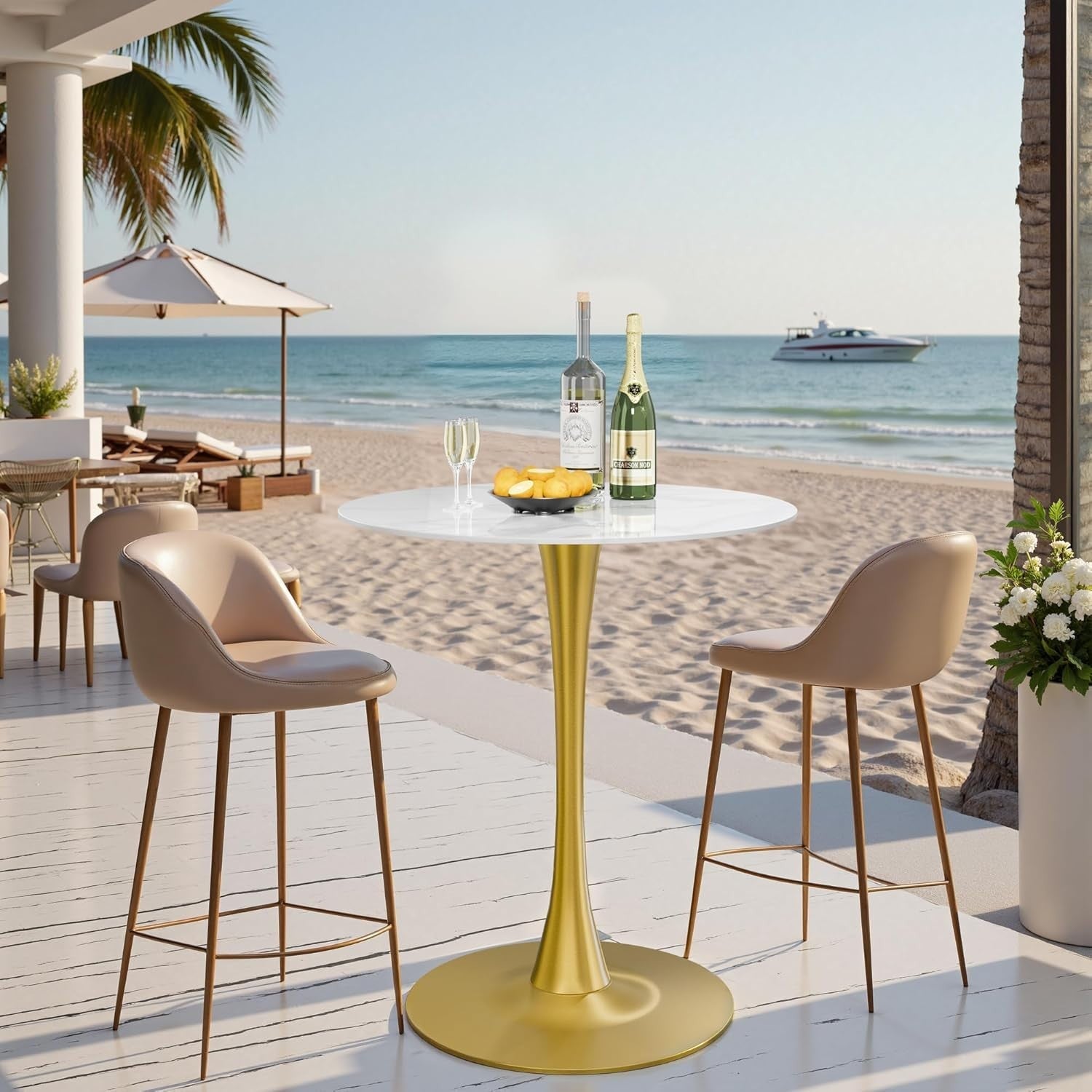 Rich White 76cm Round Bar Table Tall 100cm Sintered Stone Top Gold Metal Base