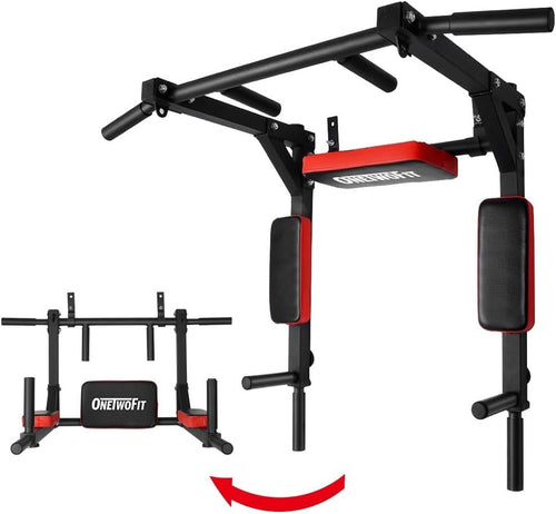 Wall-Mounted Pull Up Bar & Dip Station – Red Home Gym Strength Tower