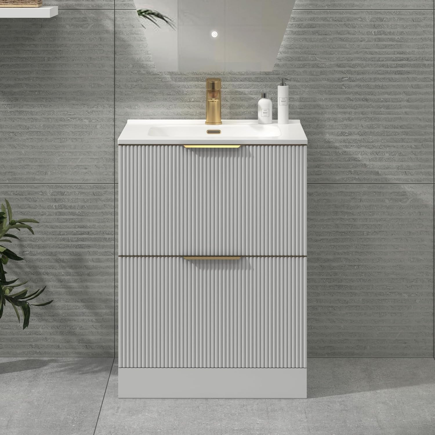 White 600mm Fluted Bathroom Vanity Unit with Basin & Brass Handles Modern