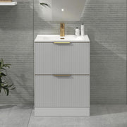 White 600mm Fluted Bathroom Vanity Unit with Basin & Brass Handles Modern