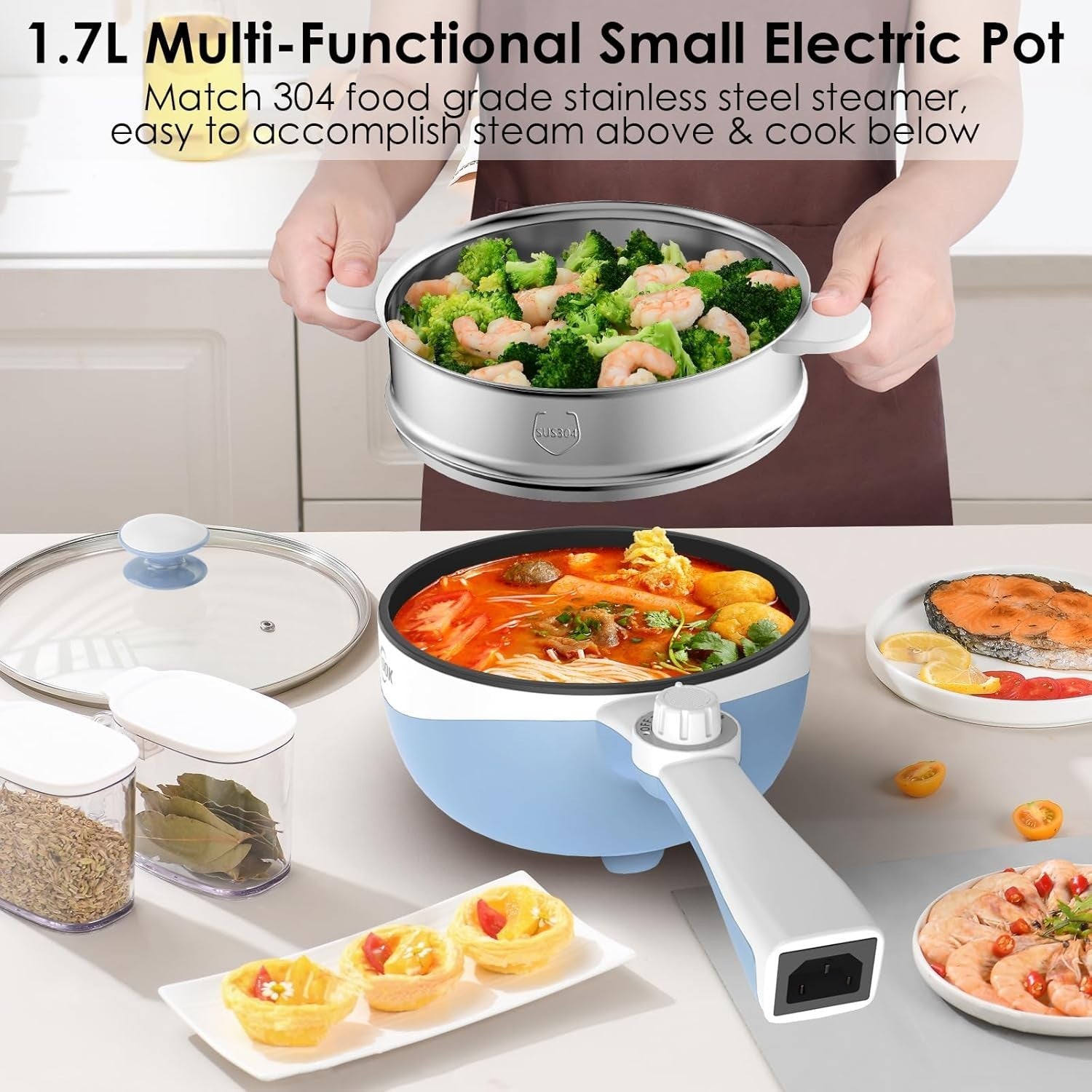 Electric Hot Pot Cooker 1.7L Nonstick Multi Cooker Steamer Pan UK