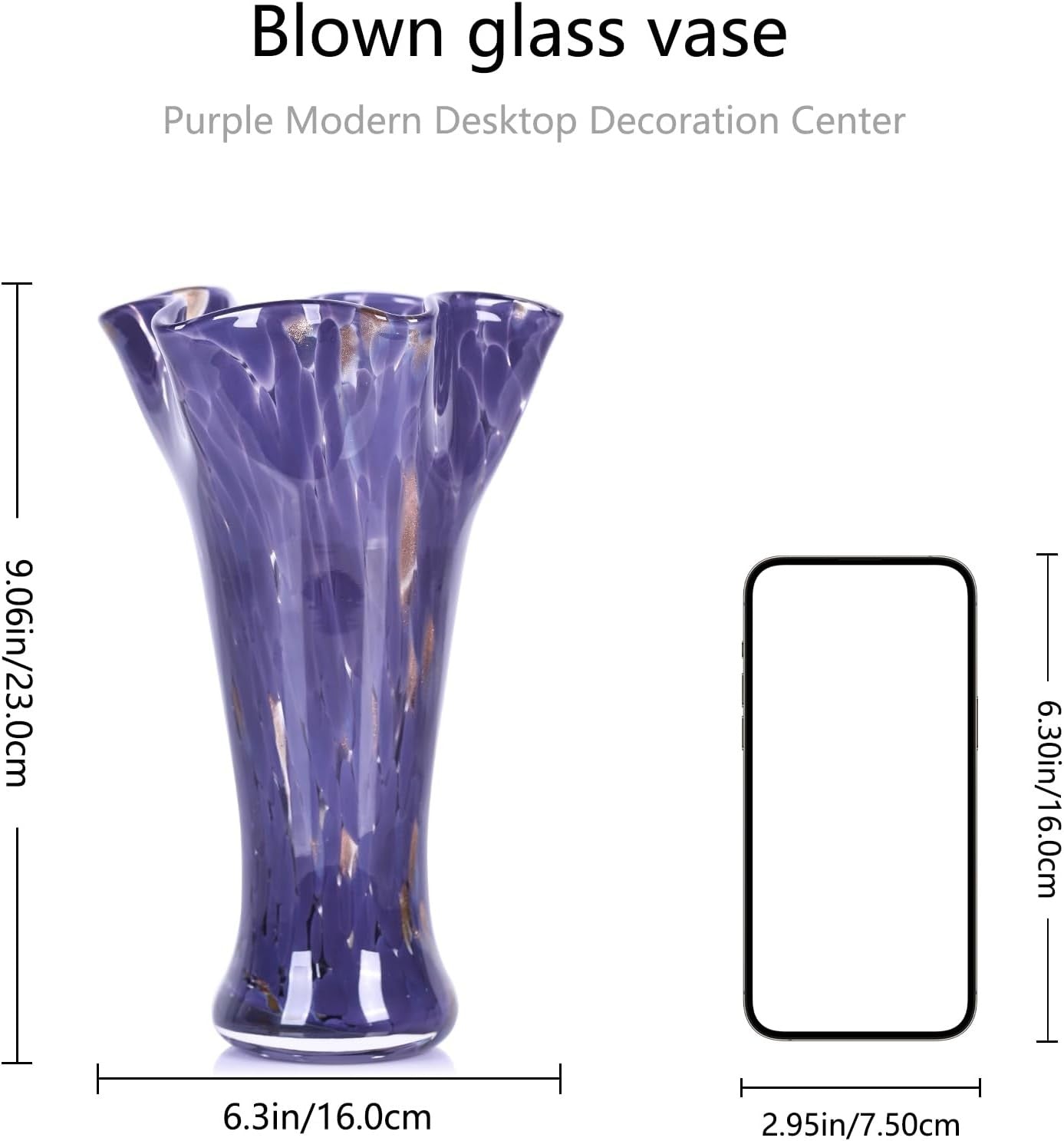 Purple Hand Blown Glass Vase Wide Mouth Flower Centerpiece Home Décor