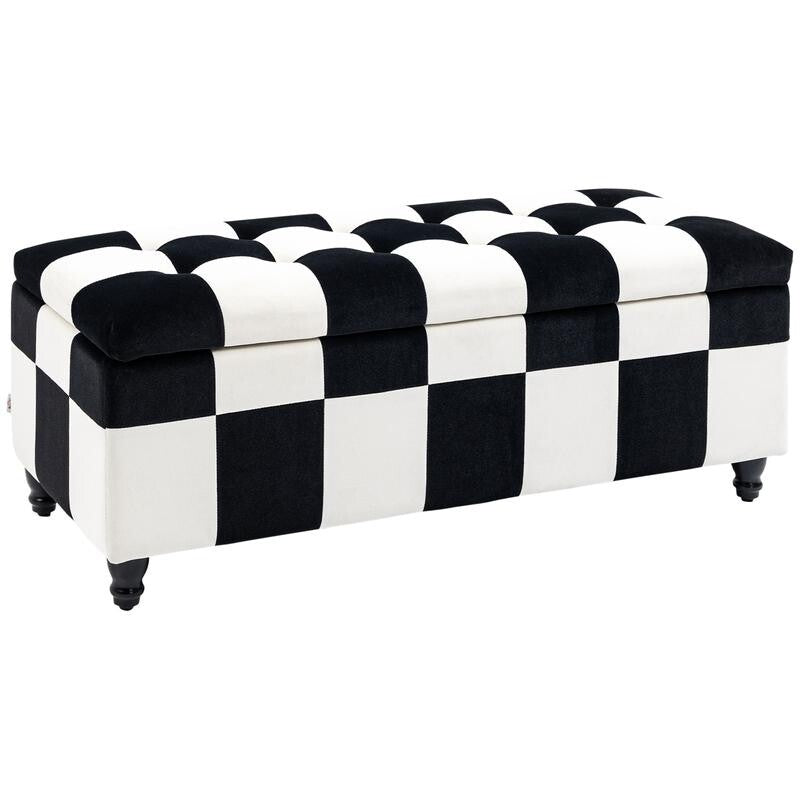 Black White Velvet Storage Ottoman Seat Box Toy Chest Bench w/ Lid & Legs