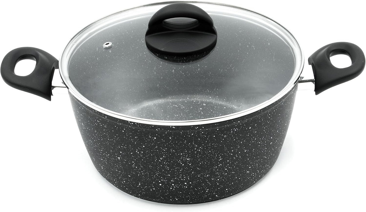 24cm Black Non Stick Stock Pot with Glass Lid – 5L Capacity Induction Safe