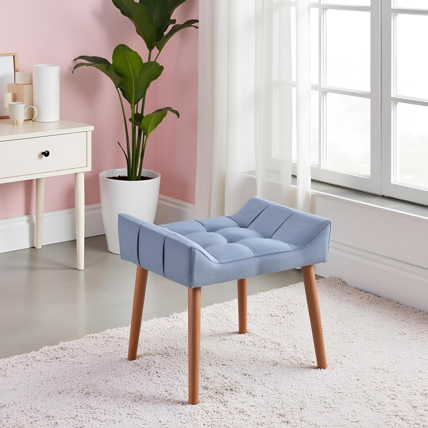Blue Padded Dressing Table Stool Modern Vanity Makeup Chair Bedroom
