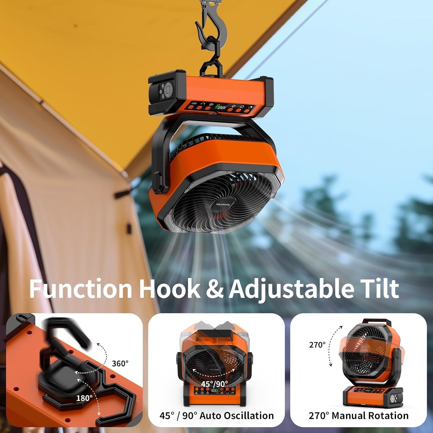 Orange Camping Fan – 20000mAh Rechargeable w/ LED Light, 9 Speeds & Remote Timer