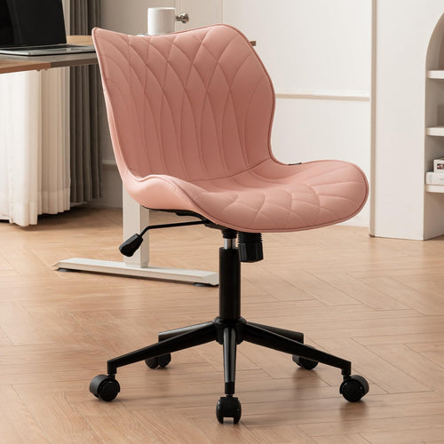 Pink Armless Swivel Office Desk Chair Ergonomic Faux Leather Adjustable Rocking