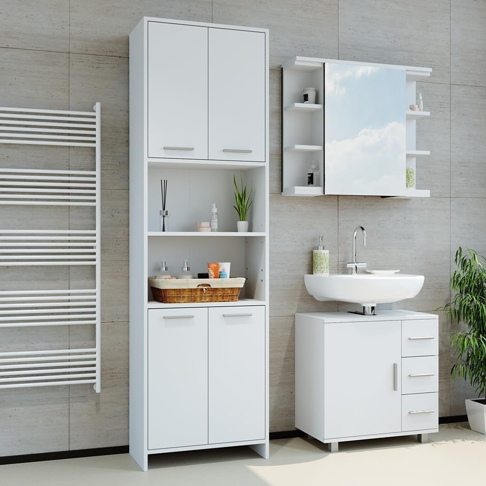 White Bathroom Storage Cabinet with Adjustable Shelves & Doors – 56x190 cm