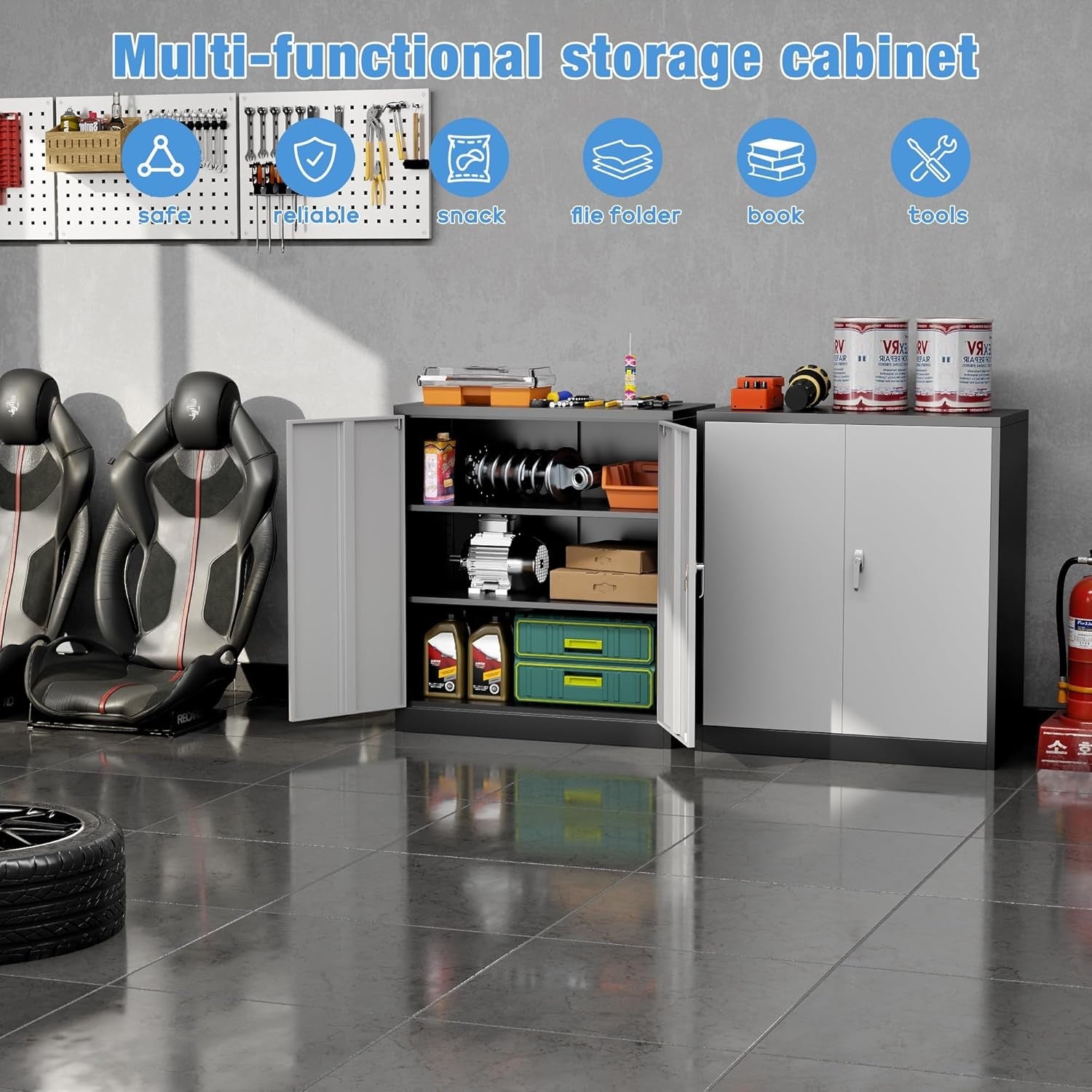 Metal Storage Cabinet  Lock Doors 2 Adjustable Shelves Office Home Grey
