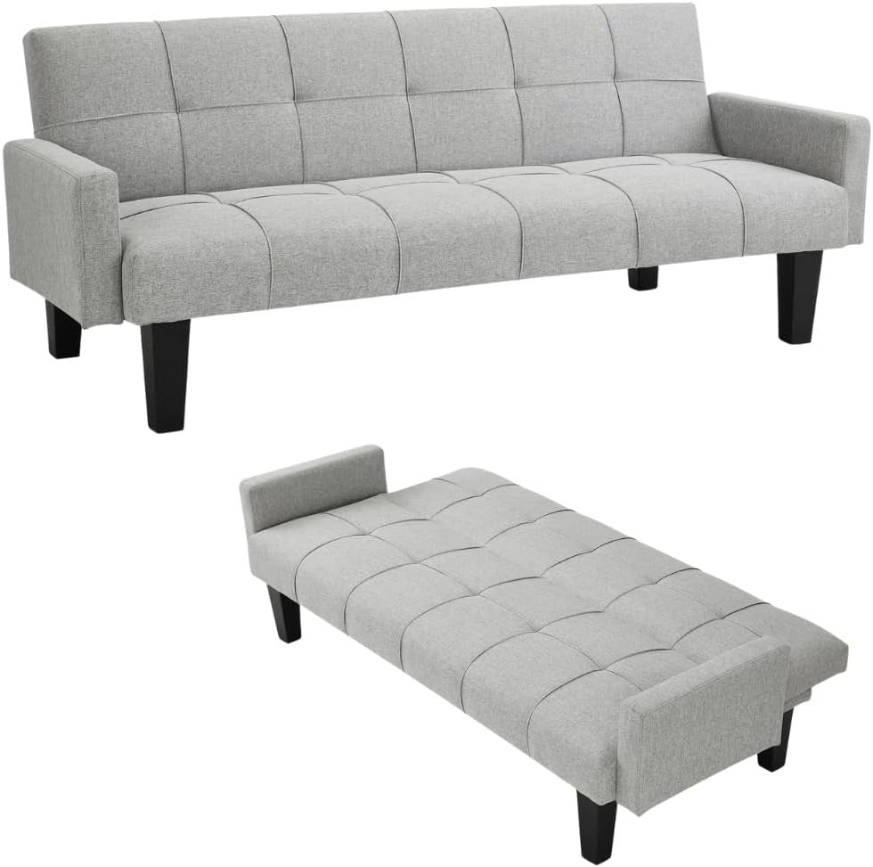 3 Seater Sofa Bed Light Grey Tufted Recliner Clic Clac Guest Sleeper Couch