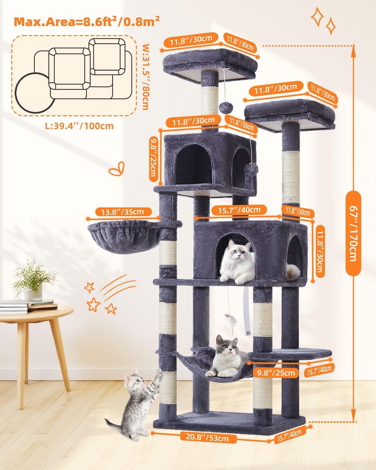 Large Cat Tree Tower 170cm Multi Level Scratching Posts Condos Hammock