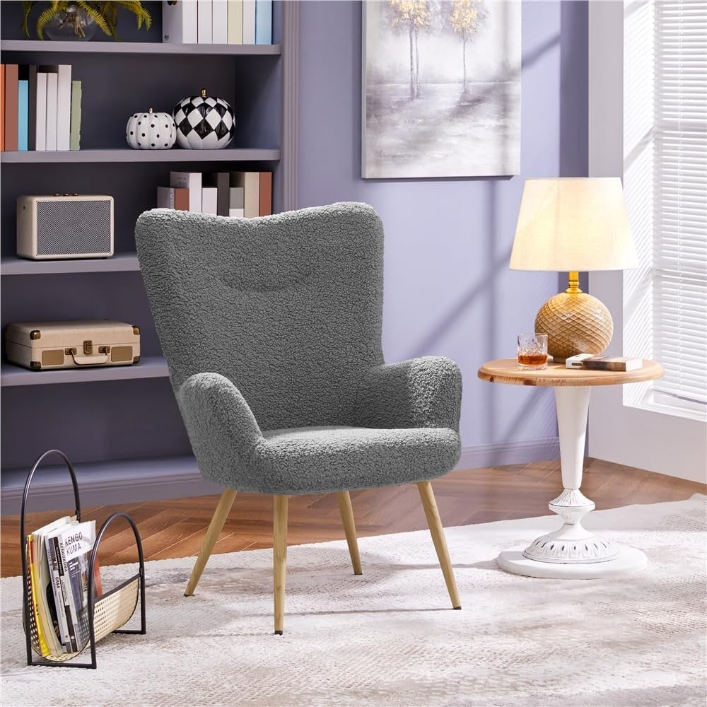 Sherpa Boucle Armchair High Back Accent Lounge Chair Grey