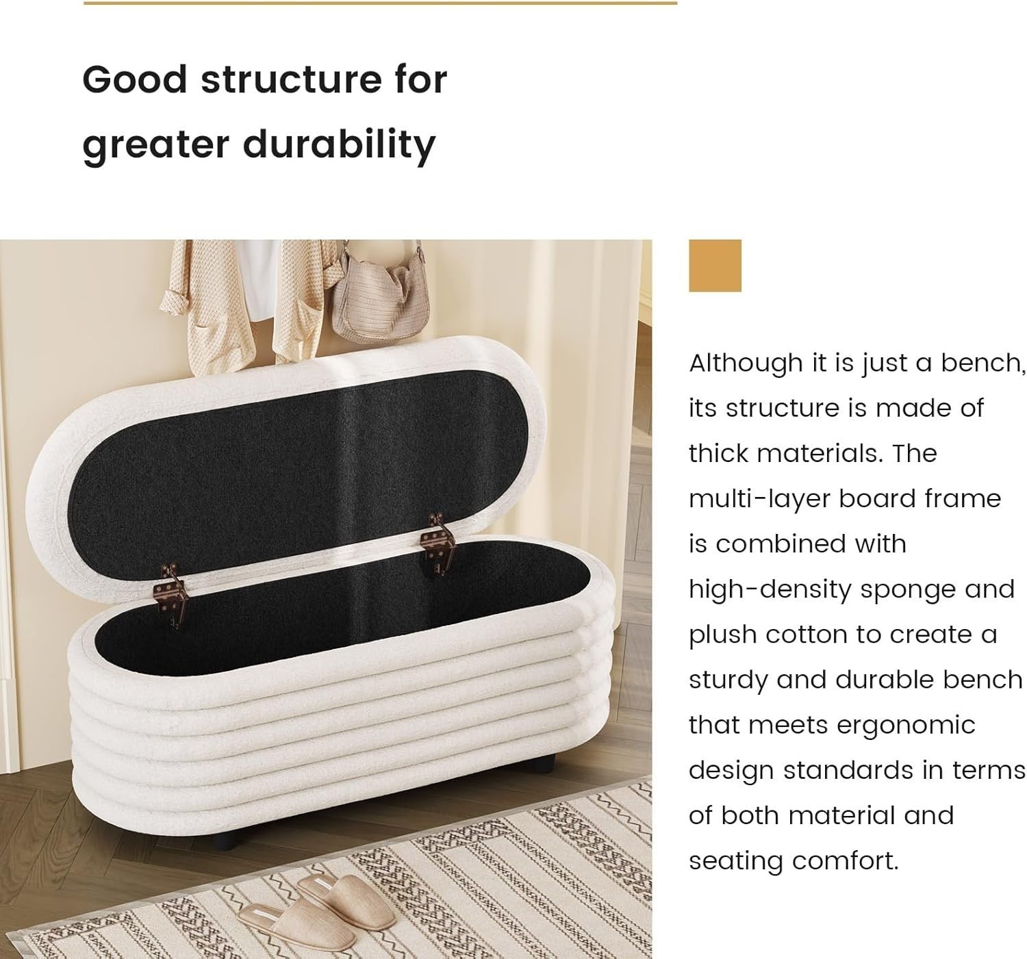 Miuuod Oval Storage Ottoman Bench 116.5cm Sherpa Fabric Cream White
