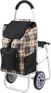 Foldable Aluminum Stair Climber Cart w/ Seat 100kg Capacity Plaid Grocery Bag