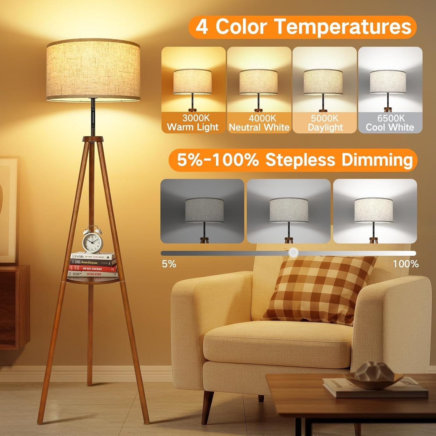 Wooden Tripod Floor Lamp Touch Remote Dimmable Shelf Linen Shade