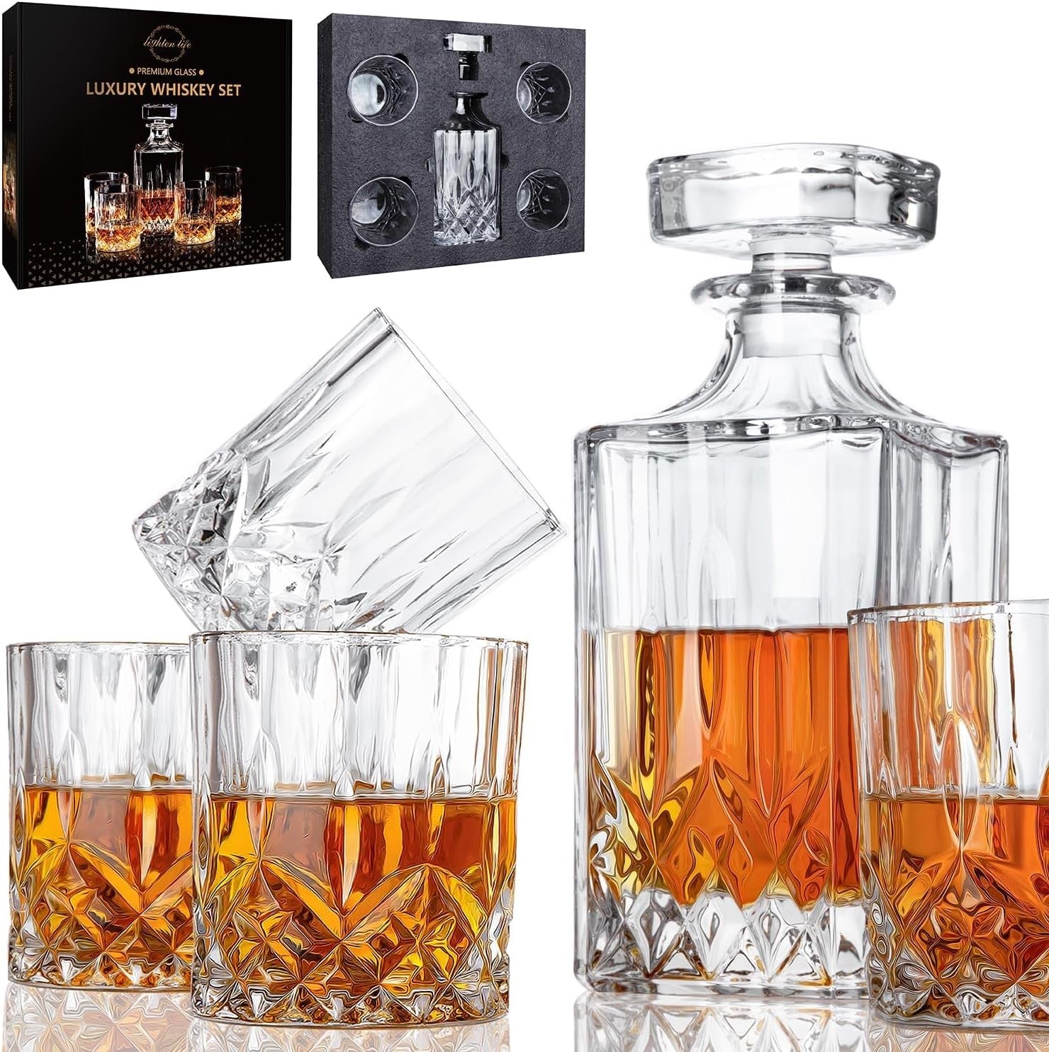 Luxury 5-Piece Whiskey Decanter Set with 4 Crystal Glasses & Gift Box 850ml