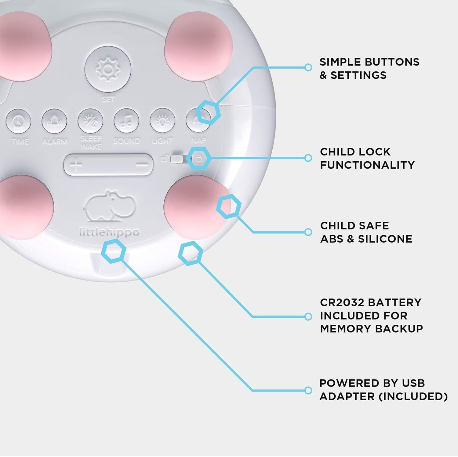Kids Sleep Trainer Alarm Clock Night Light Sound Machine Blush Pink