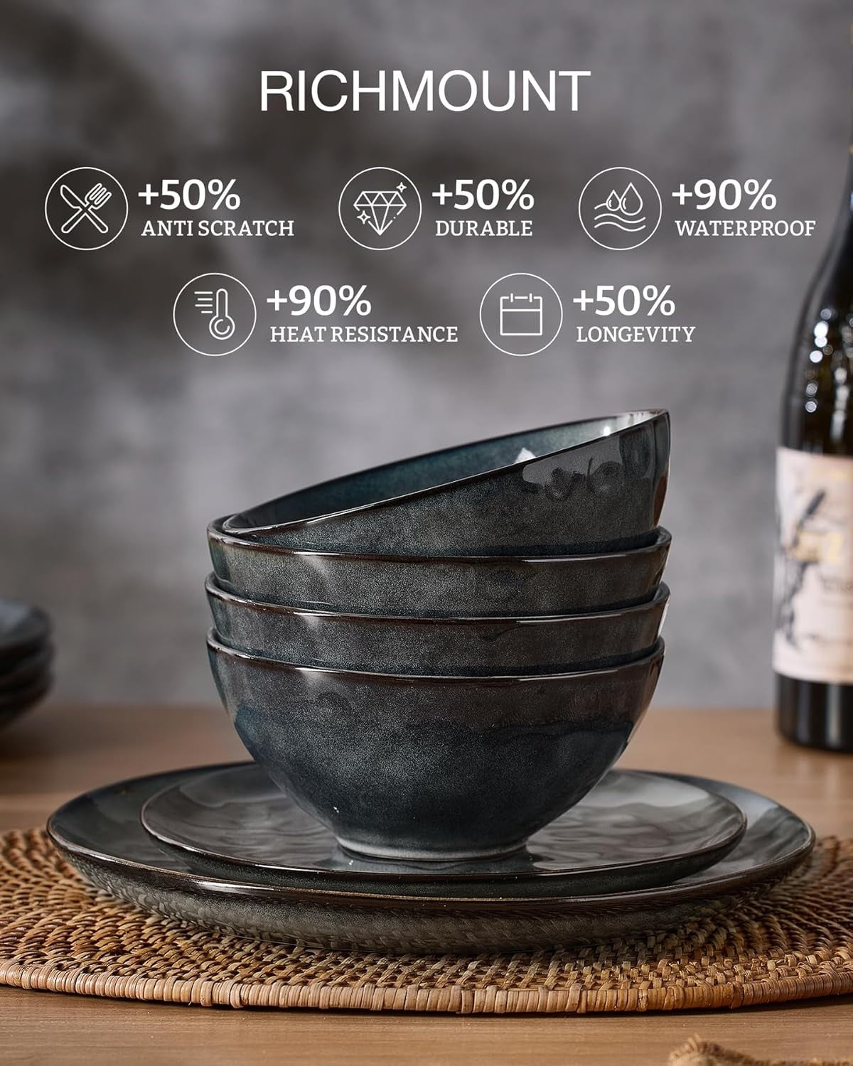 12pc Stoneware Dinnerware Set Plates Bowls Dark Green Service for 4