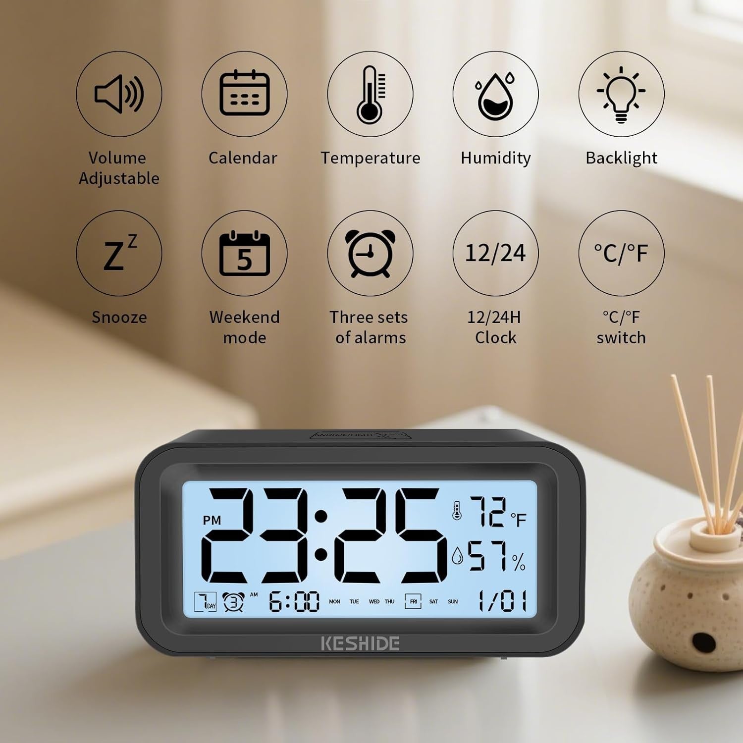 Night Light Digital Alarm Clock Large Display Temp Humidity Snooze Bedroom