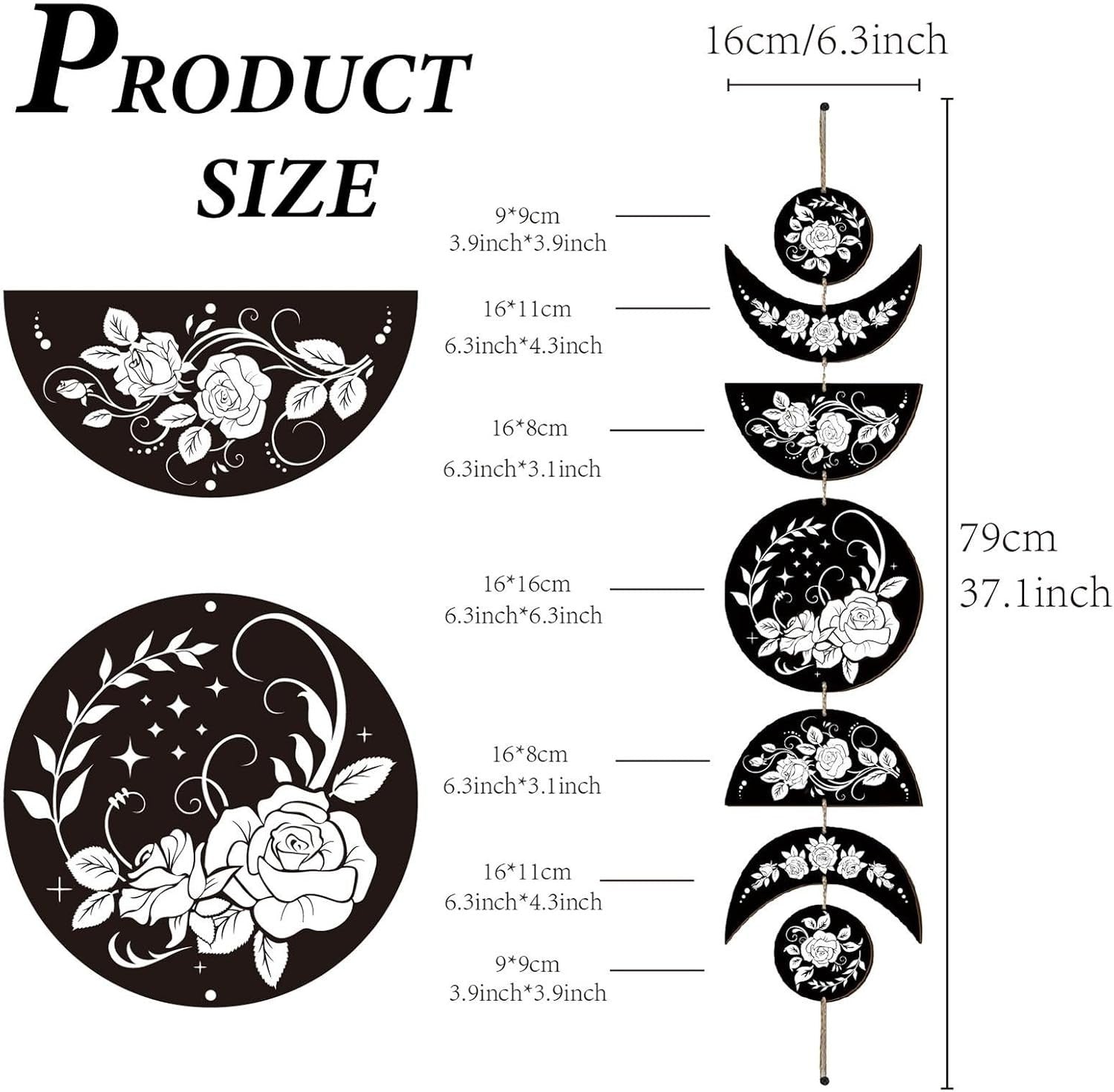 Rose Moon Phase Wall Hanging Boho Wooden Witchy Decor 7pcs
