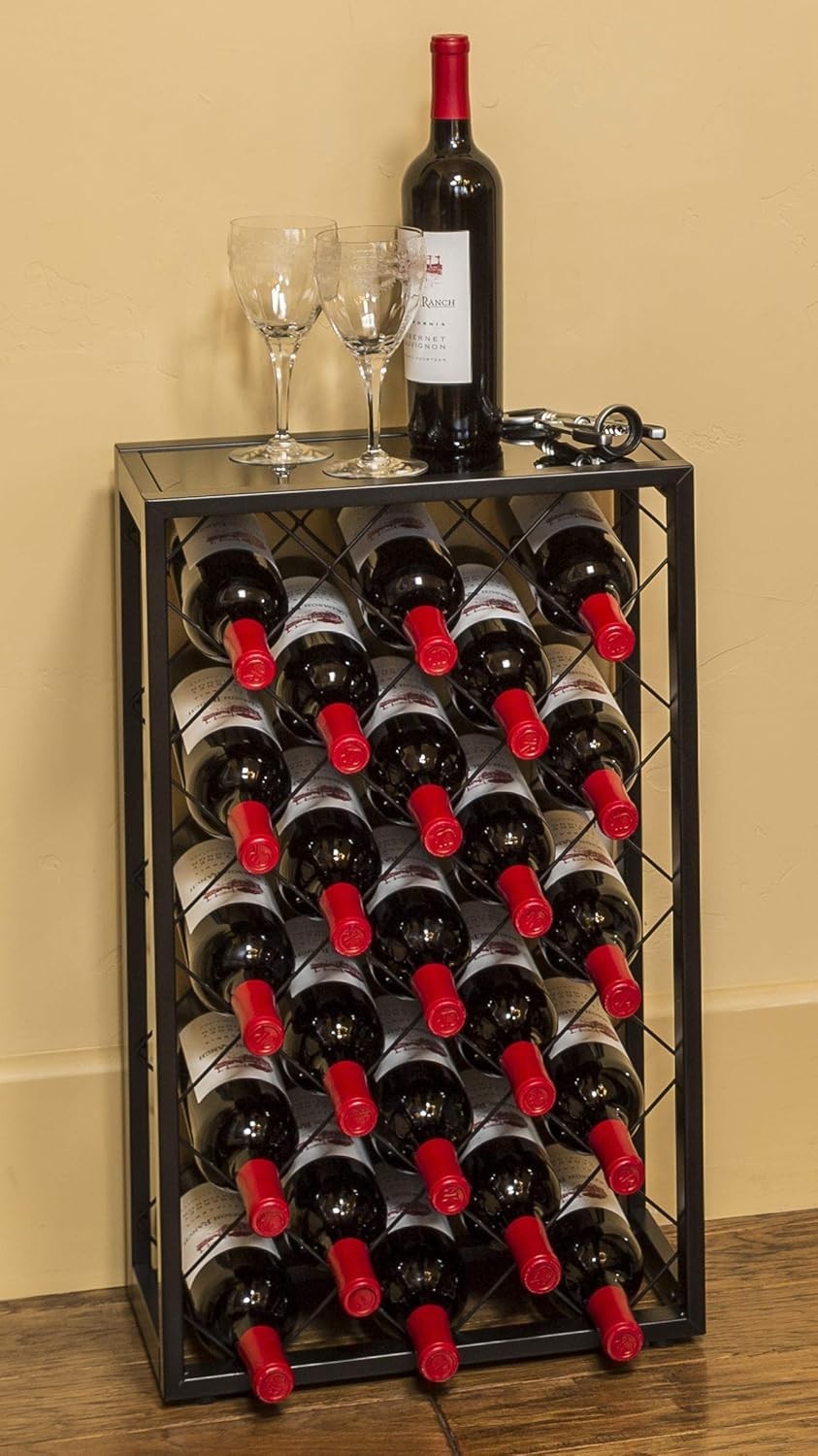 23 Bottle Metal Wine Rack with Glass Top Shelf Free Standing Black Kitchen Bar