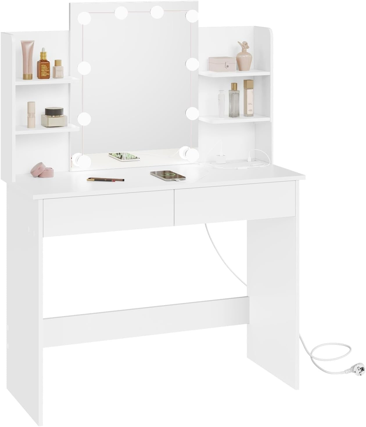 White Vanity Dressing Table Set Dimmable LED Mirror Power Strip 2 Drawers Storag