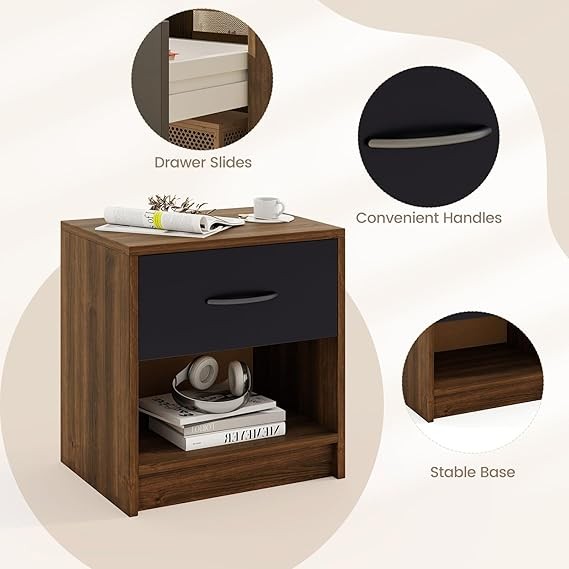 Modern Brown Bedside Table with Drawer & Open Shelf | Compact Nightstand