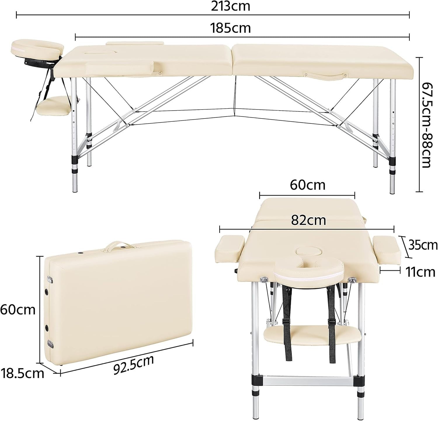Portable Foldable Massage Bed 2 Section Adjustable Beauty Lash Table 60cm Cream