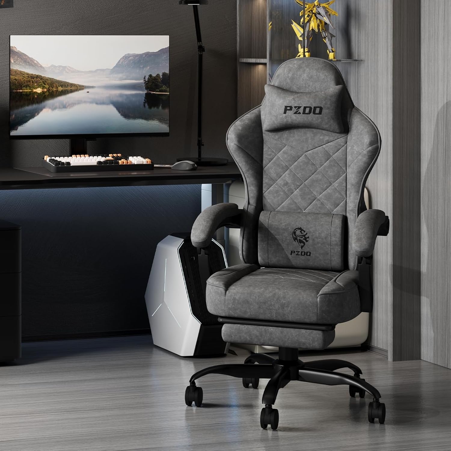 Ergonomic Gaming Chair Fabric Recliner w/ Footrest 350lbs