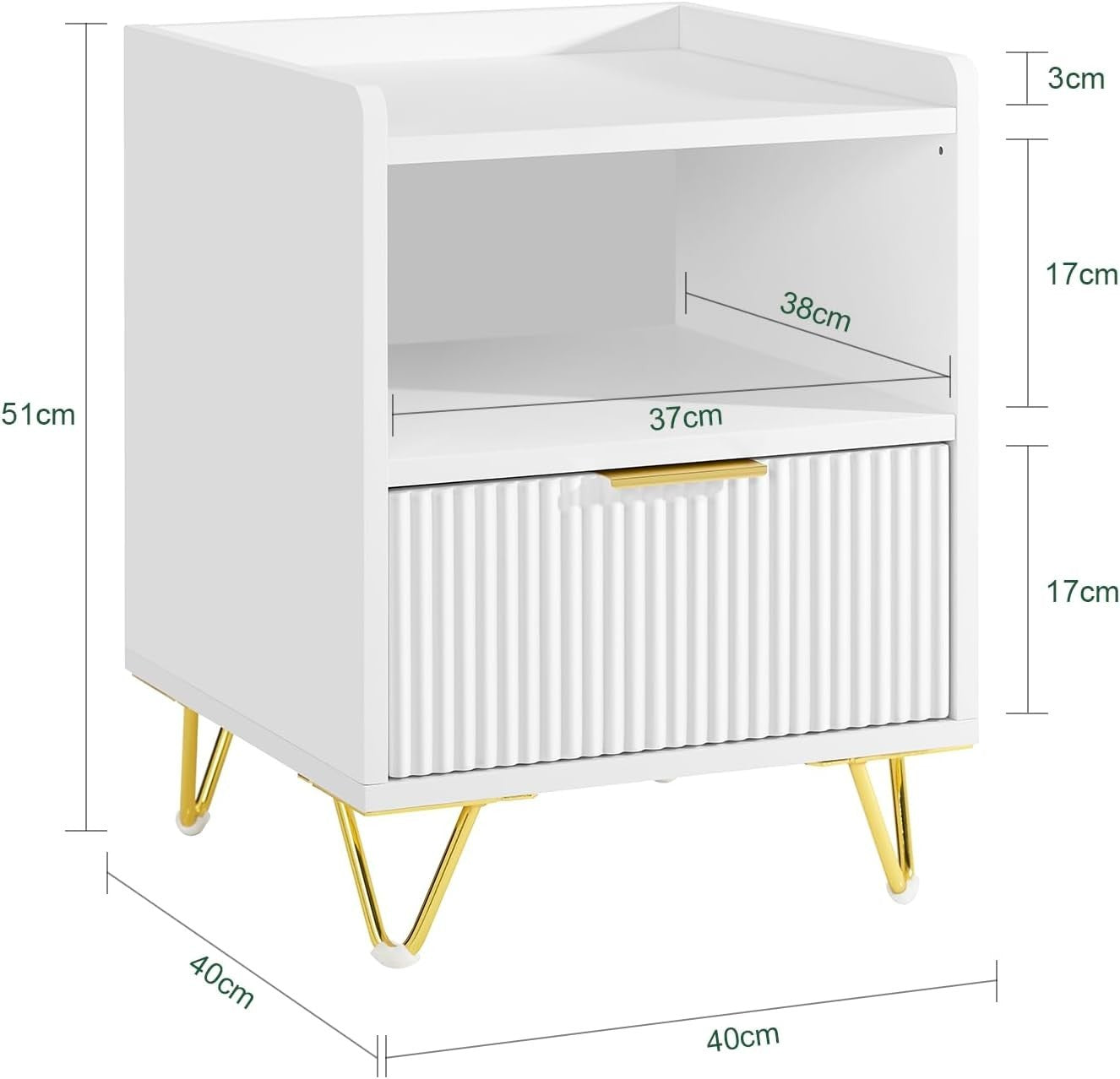 White Bedside Table with Drawer & Shelf – Modern Gold Leg Nightstand