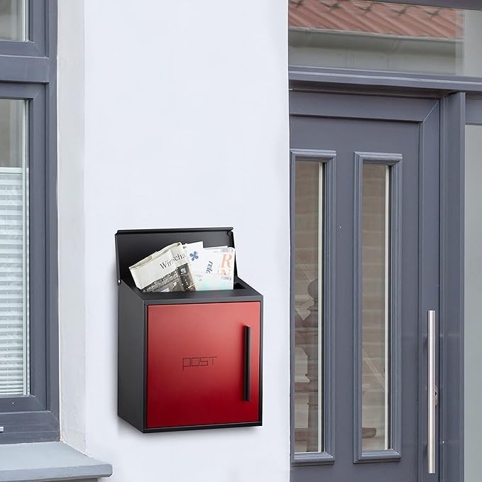 Wall Mounted Lockable Letterbox Steel Black Red | Large A4 Slot | Weatherproof