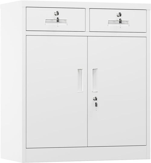 White Metal Storage Cabinet with Doors & Drawers – 92cm Office Cupboard
