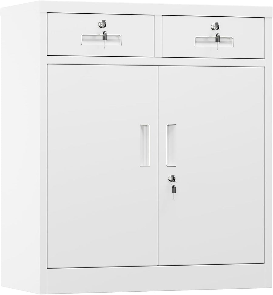 White Metal Storage Cabinet with Doors & Drawers – 92cm Office Cupboard