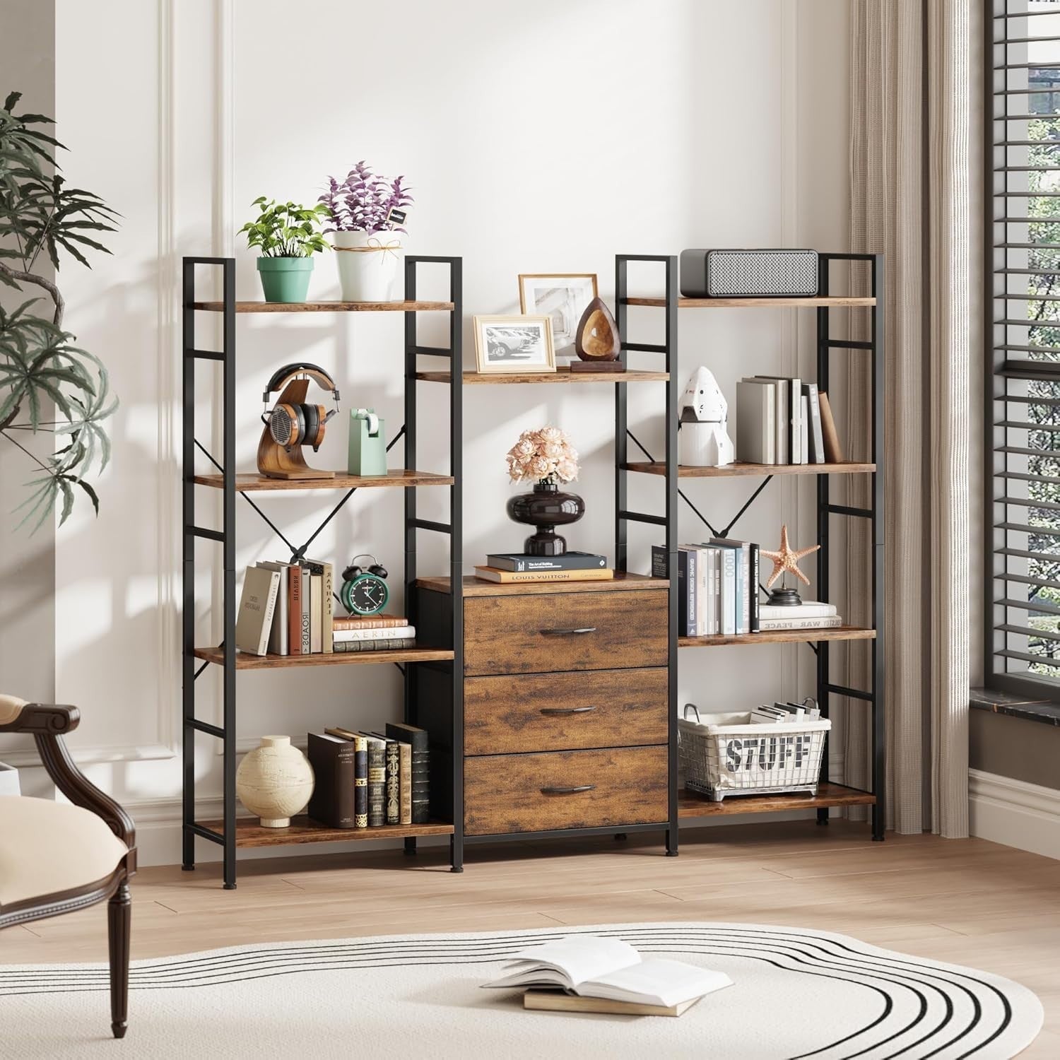 150cm Wide Tall 4-Tier Bookcase with 3 Fabric Drawers Industrial Storage