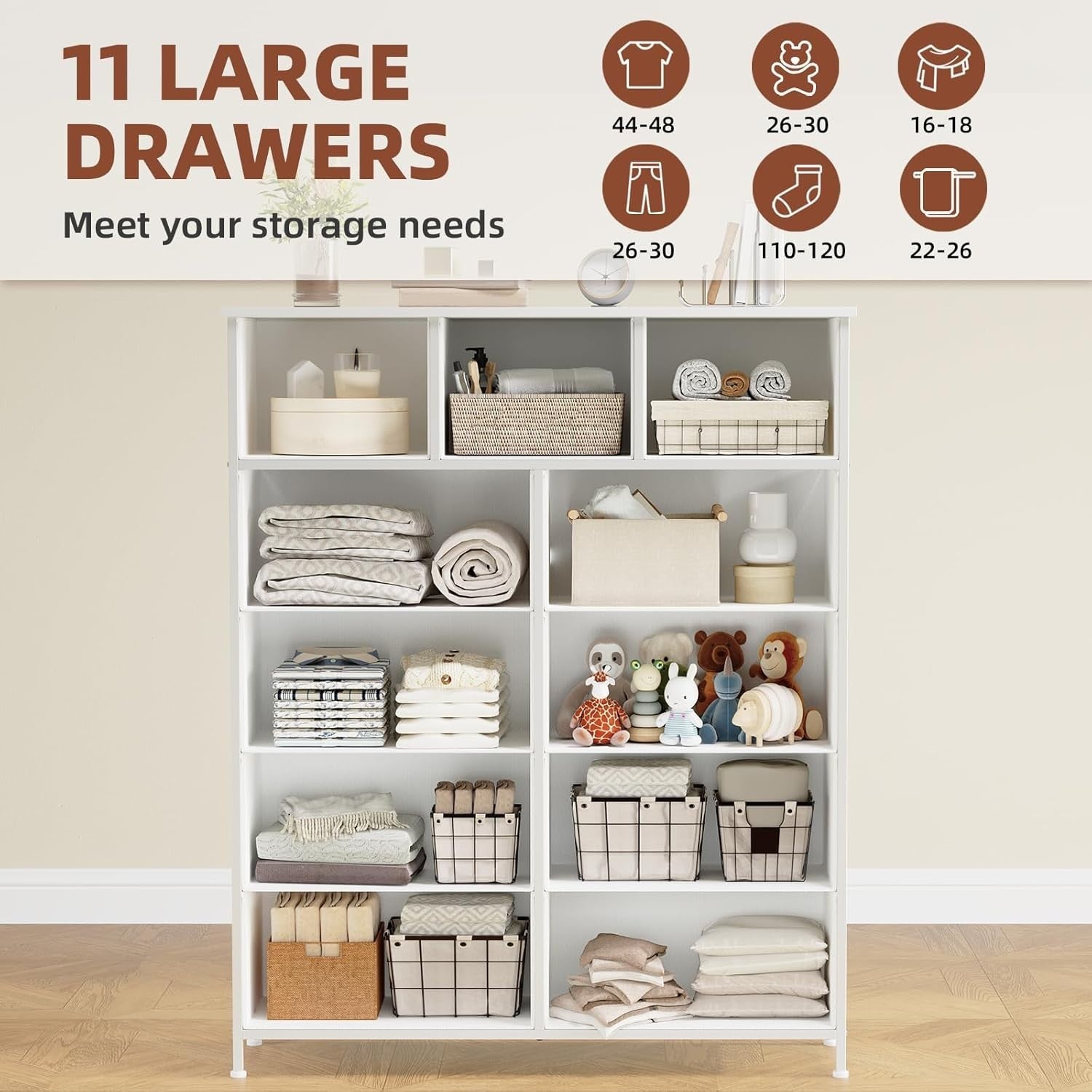 Tall White Chest of 11 Drawers Storage Unit Dresser for Bedroom Closet