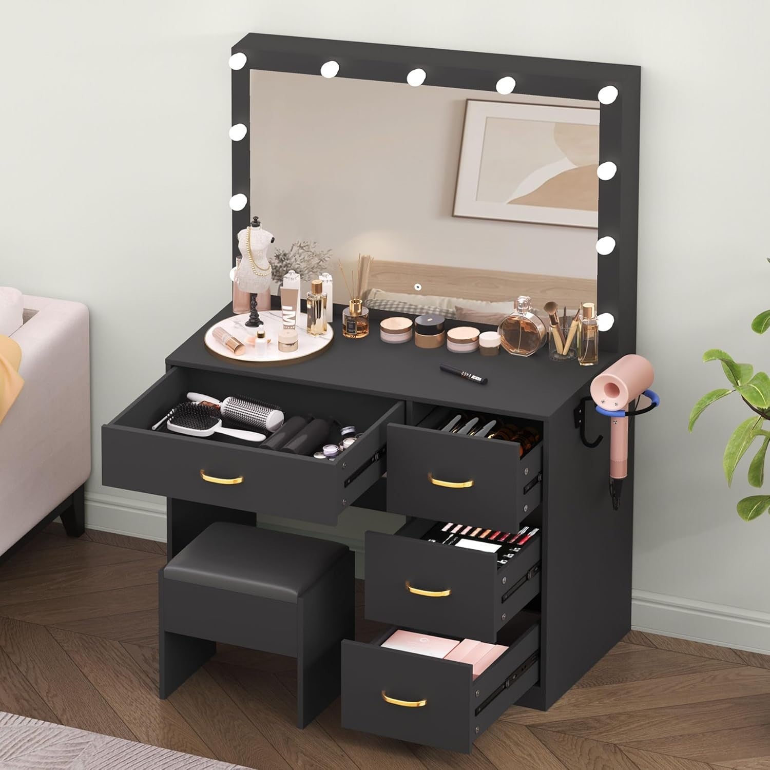 Black Vanity Set with Lighted Mirror Desk 4 Drawers Stool Power Outlet Station