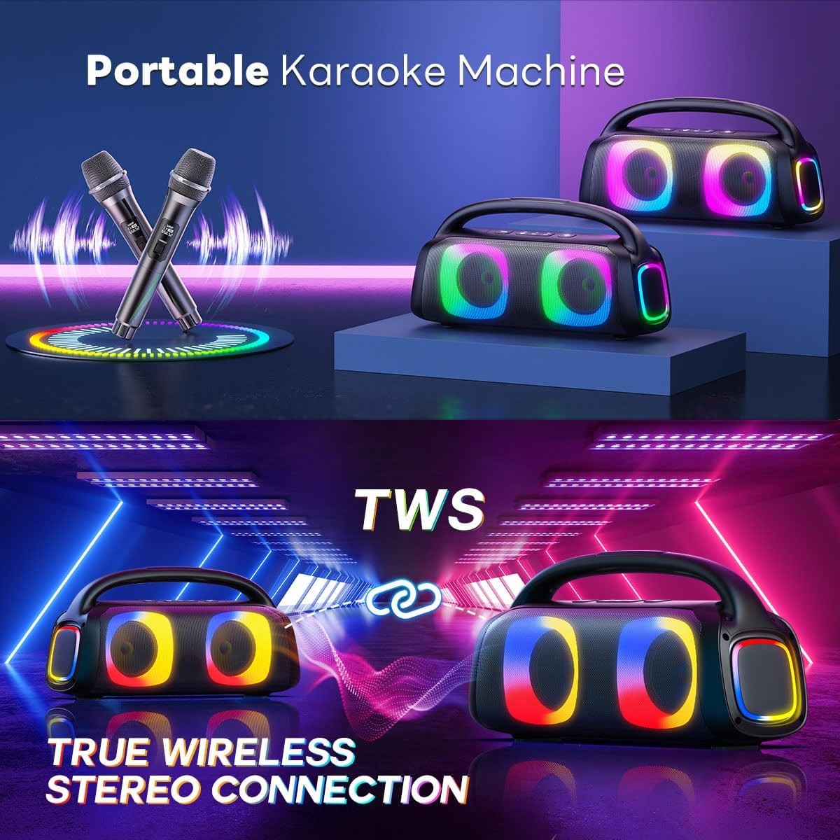 Karaoke Machine with 2 Wireless Mics Bluetooth 5.3 LED