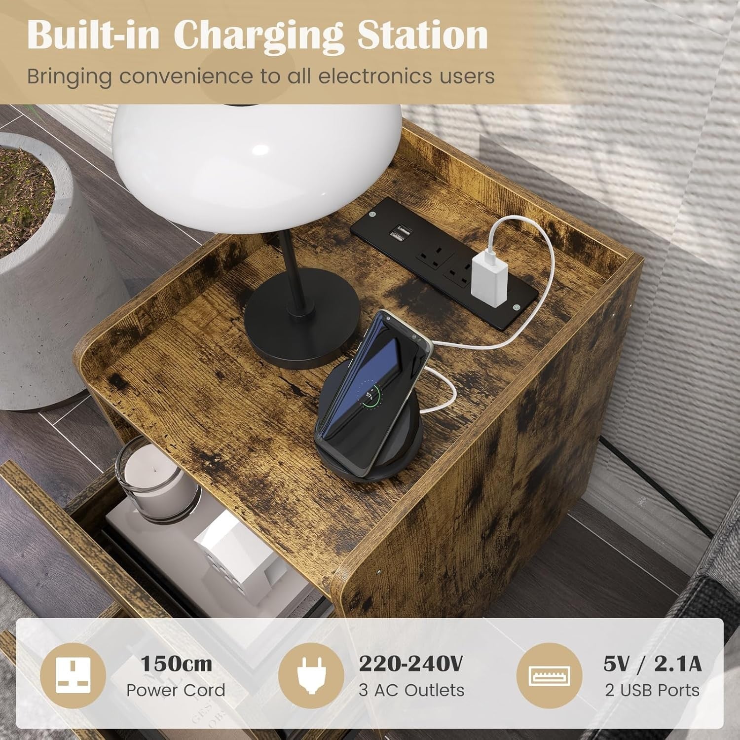 Slim Rustic Bedside Table with Charging Ports, 2-Drawer Narrow Nightstand