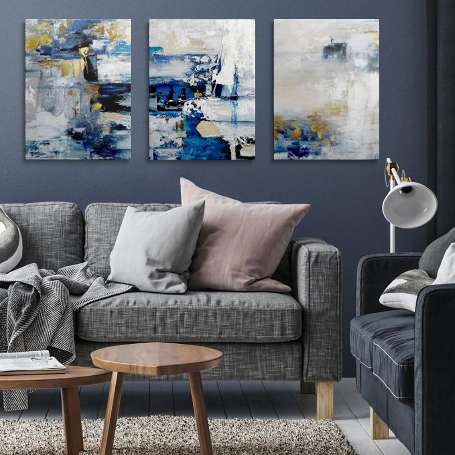 Abstract Blue Grey Canvas Wall Art Framed Modern 30x40cm