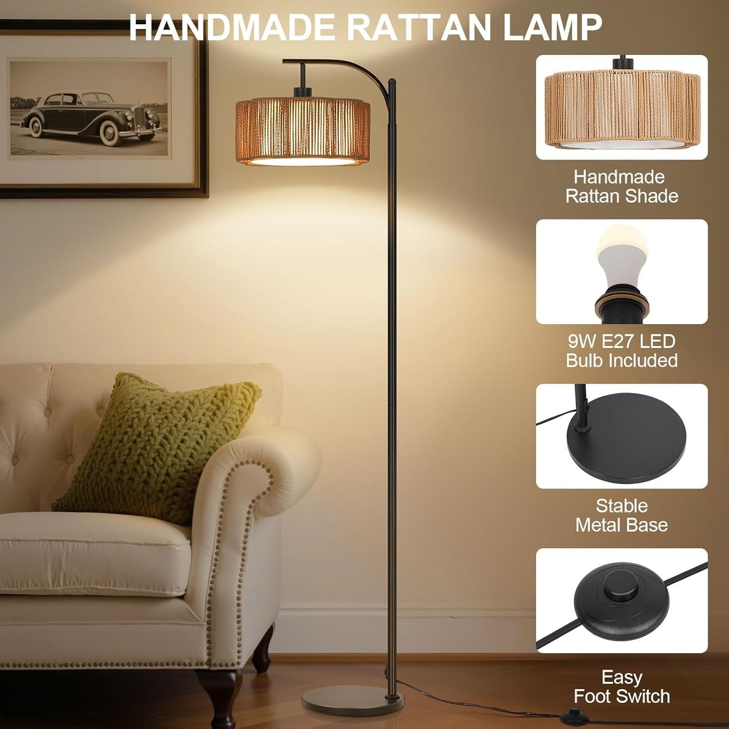 Rattan Boho Floor Lamp Dimmable 3 Colour Standing Light Foot Switch