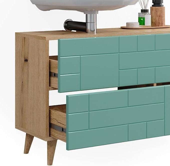 Mint Green Oak Sink Cabinet 90cm Vanity Unit with Drawers & Open Shelf Modern