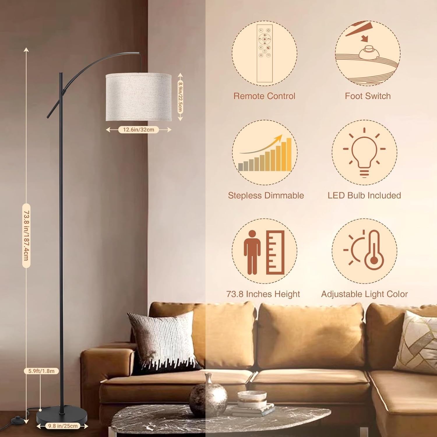 Arc Floor Lamp Dimmable Remote Control 3 Colour Temps E27 Modern Reading