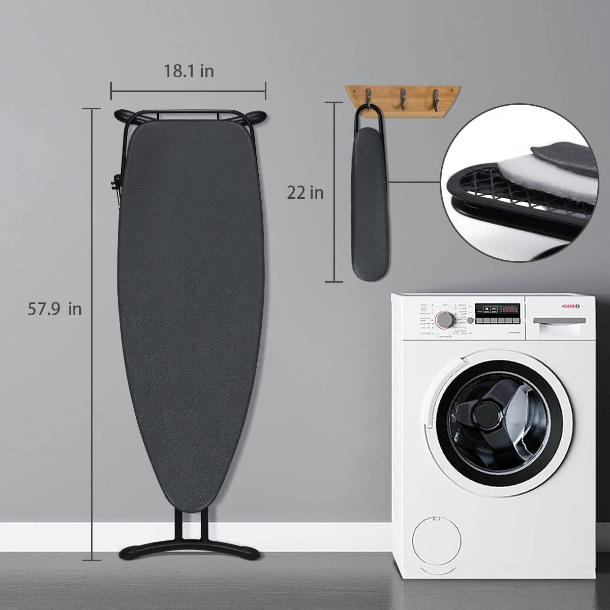 Extra Wide Ironing Board with Sleeve Board Adjustable Height Foldable Black