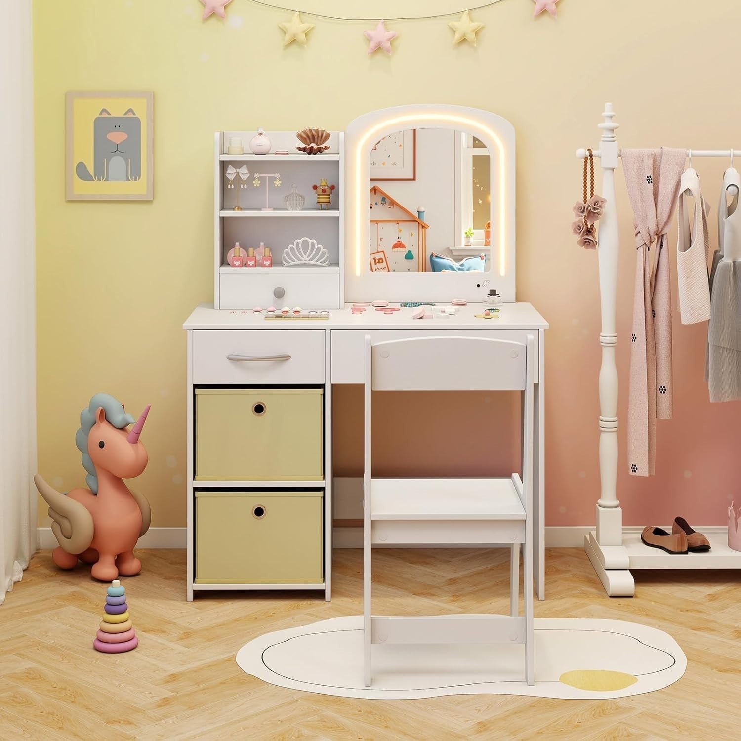 Kids Vanity Table Set Girls Dressing Desk & Stool LED Lighted Mirror Wood White