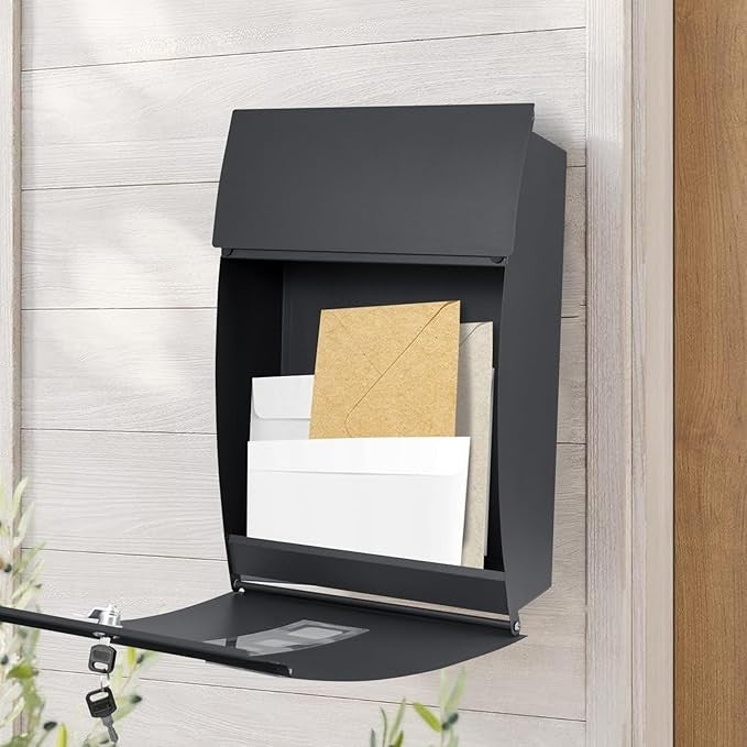 Wall Mounted Lockable Mailbox Black Steel Weatherproof Post Box 4 Keys