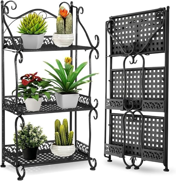 3 Tier Metal Plant Stand Black Foldable Iron Flower Pot Shelf Indoor Outdoor